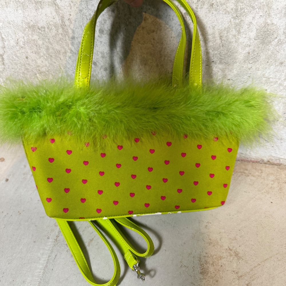 Kate Spade Lime Green Heart Print Feather Trim Bag and Wallet Set Vintage Y2K - Picture 4 of 8